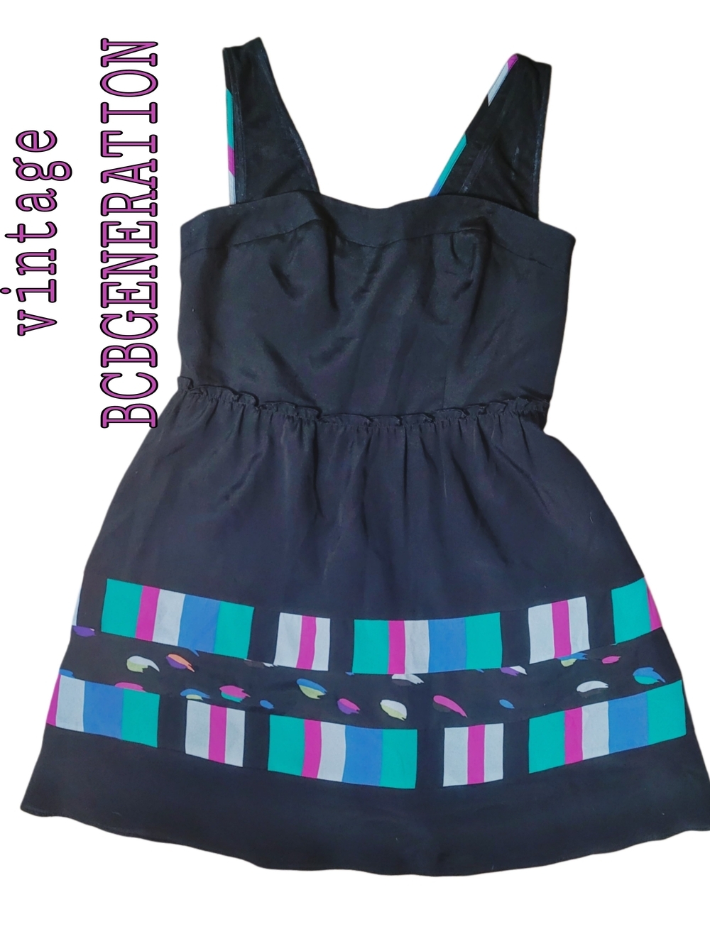 BCBGeneration Vintage Black Mini Dress Colorful Ruffle Summer Size 4 Small